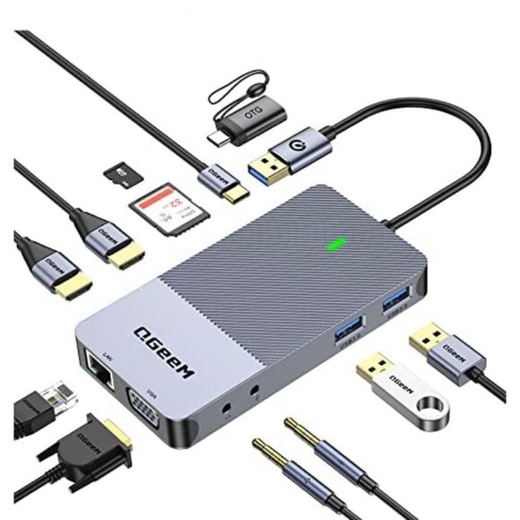 Qgeem 11 in 1 Mini USB Dock, USB 3.0 Docking Station, Triple Display USB Hub - Picture 1 of 7